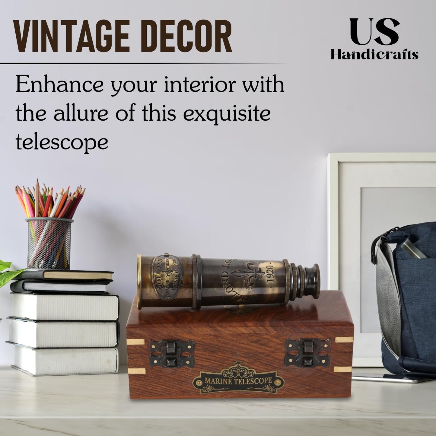 US HANDICRAFTS 1920 Marine Telescope – Vintage Brass Spyglass with Wooden Box | 15-Inch Antique Nautical Monocular
