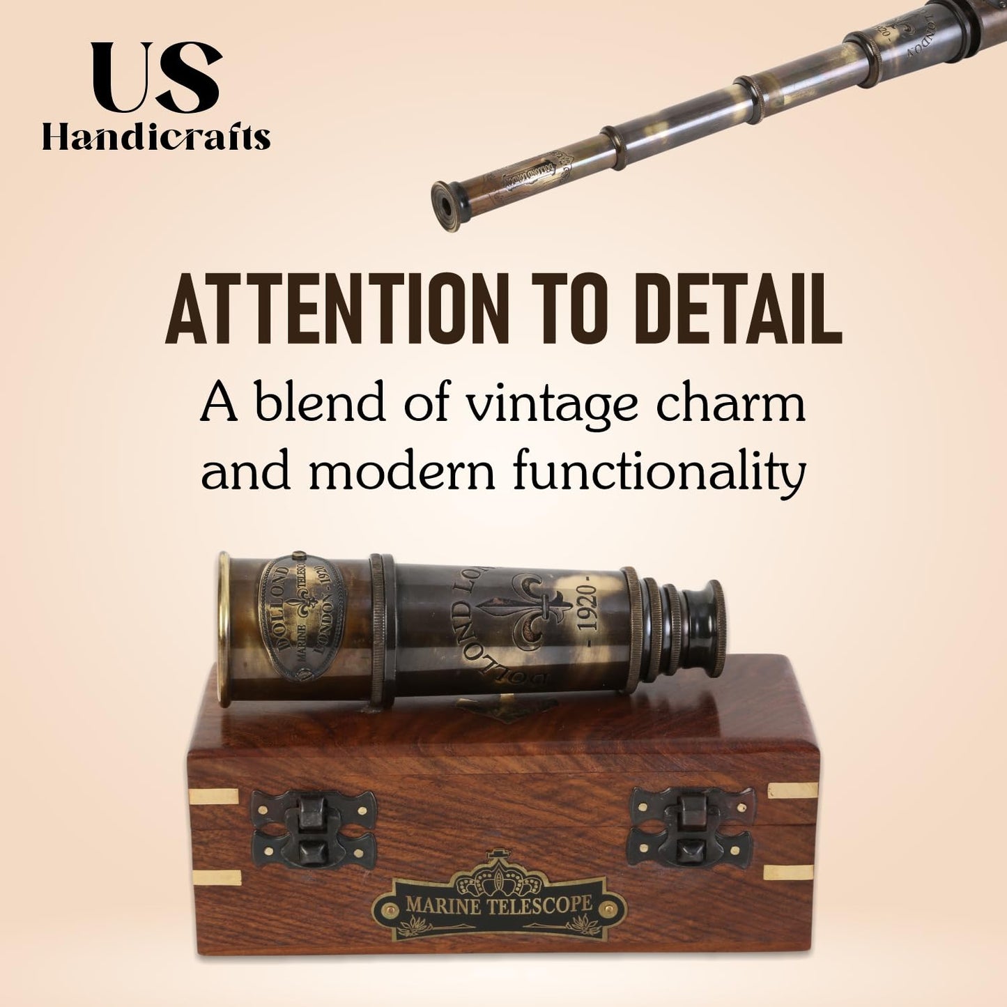 US HANDICRAFTS 1920 Marine Telescope – Vintage Brass Spyglass with Wooden Box | 15-Inch Antique Nautical Monocular