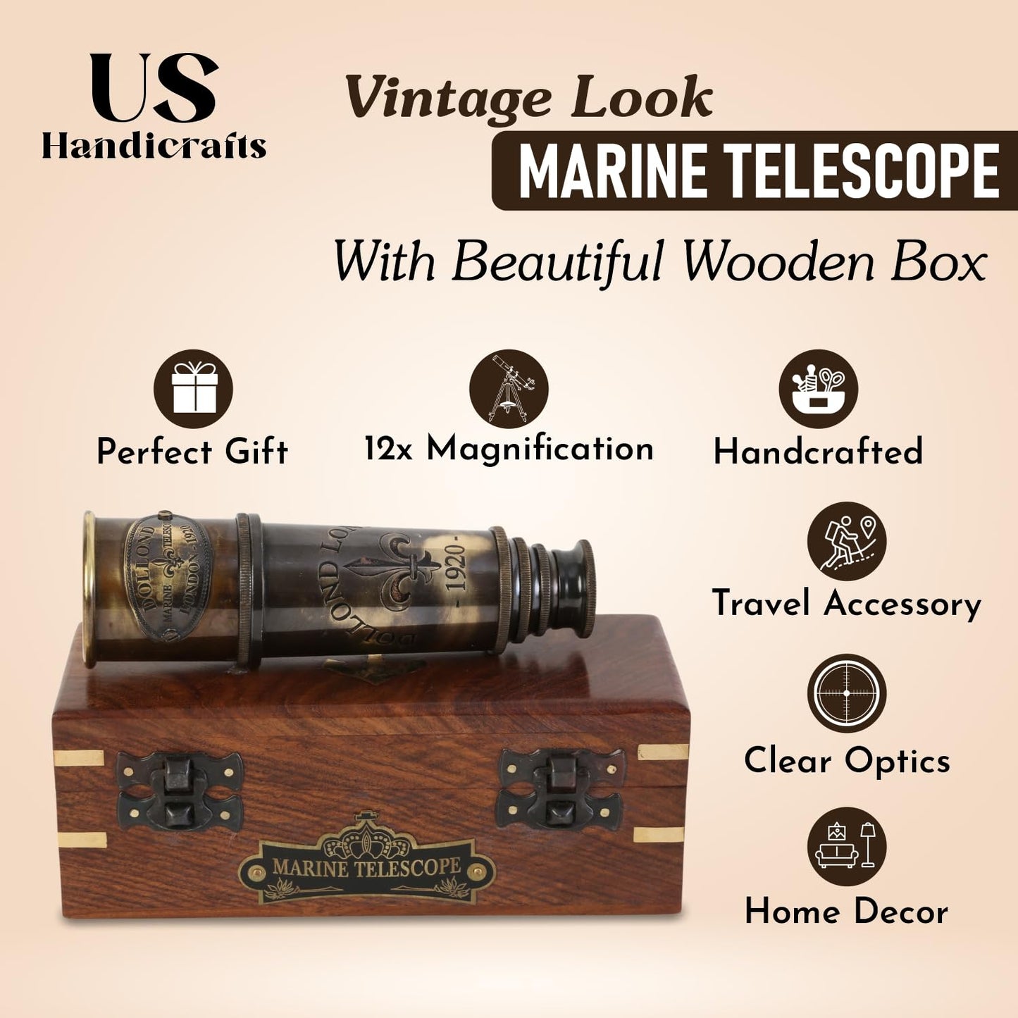 US HANDICRAFTS 1920 Marine Telescope – Vintage Brass Spyglass with Wooden Box | 15-Inch Antique Nautical Monocular