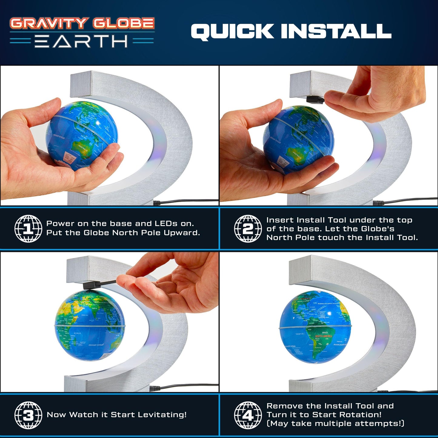 USA Toyz Gravity Globe Earth: Magnetic Levitating Globe with Multicolor LED Lights