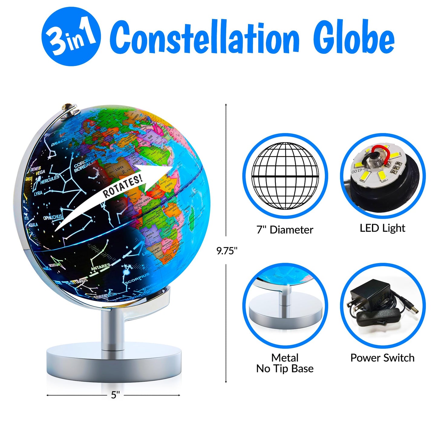 USA Toyz Illuminated Globe for Kids — 3-in-1 STEM Globe with LED Night Light and Constellations