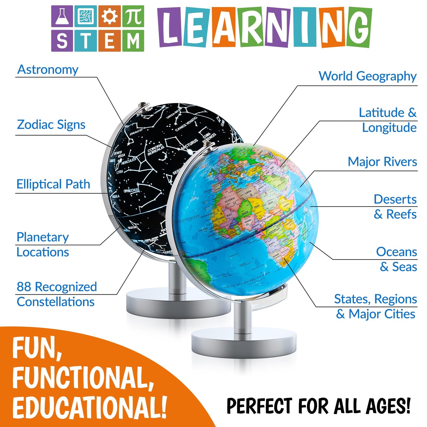USA Toyz Illuminated Globe for Kids — 3-in-1 STEM Globe with LED Night Light and Constellations