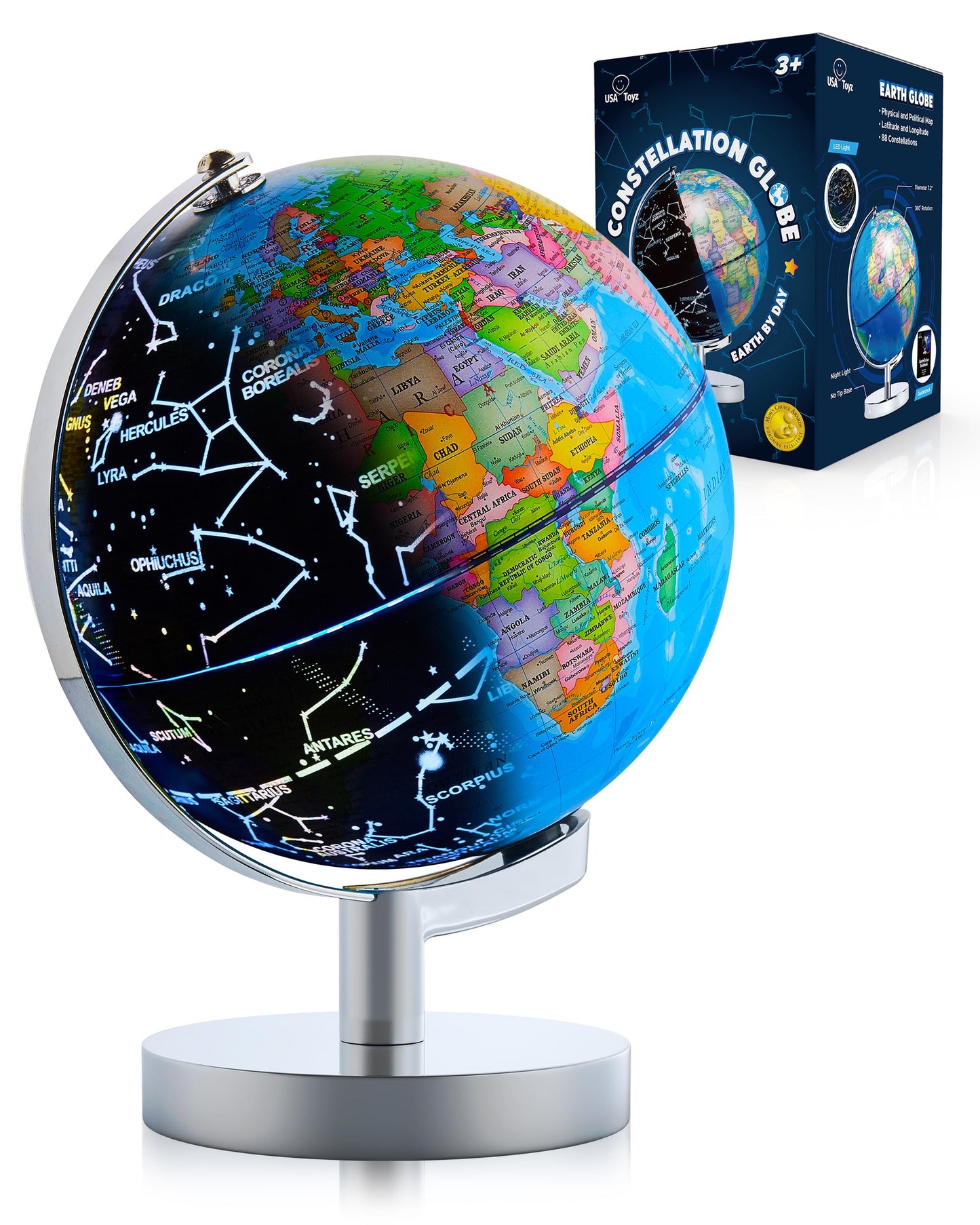 USA Toyz Illuminated Globe for Kids — 3-in-1 STEM Globe with LED Night Light and Constellations