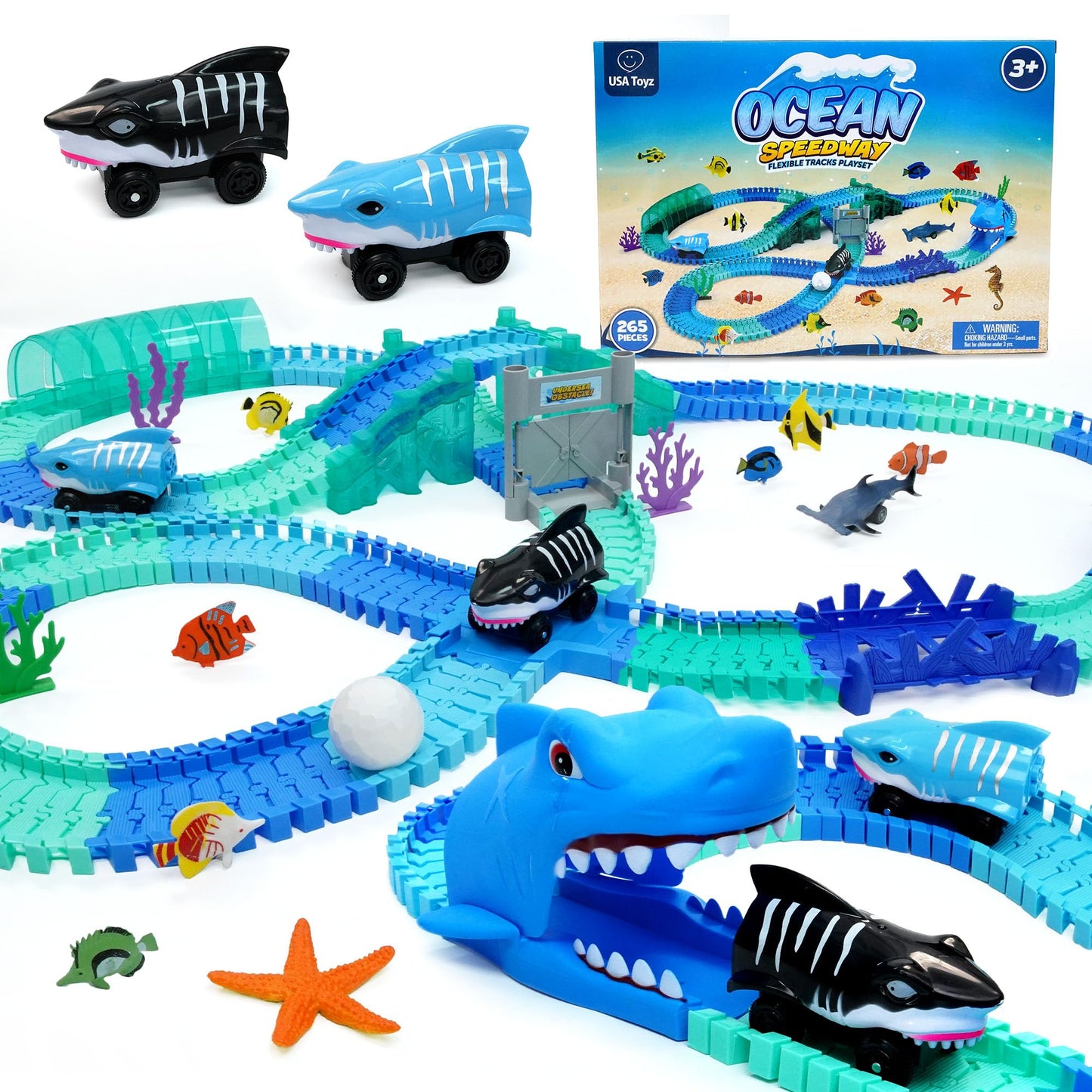 USA Toyz Ocean Race Tracks – 265-Piece Flexible Track Set with Shark Cars
