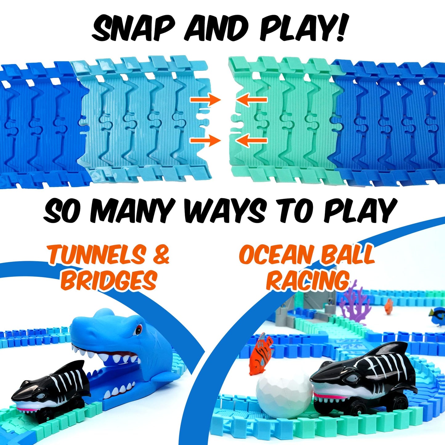 USA Toyz Ocean Race Tracks – 265-Piece Flexible Track Set with Shark Cars