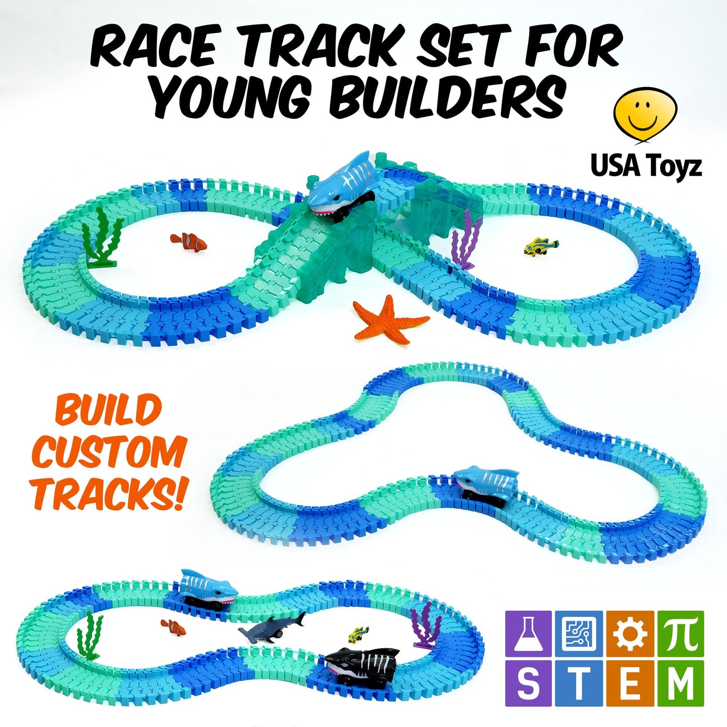 USA Toyz Ocean Race Tracks – 265-Piece Flexible Track Set with Shark Cars
