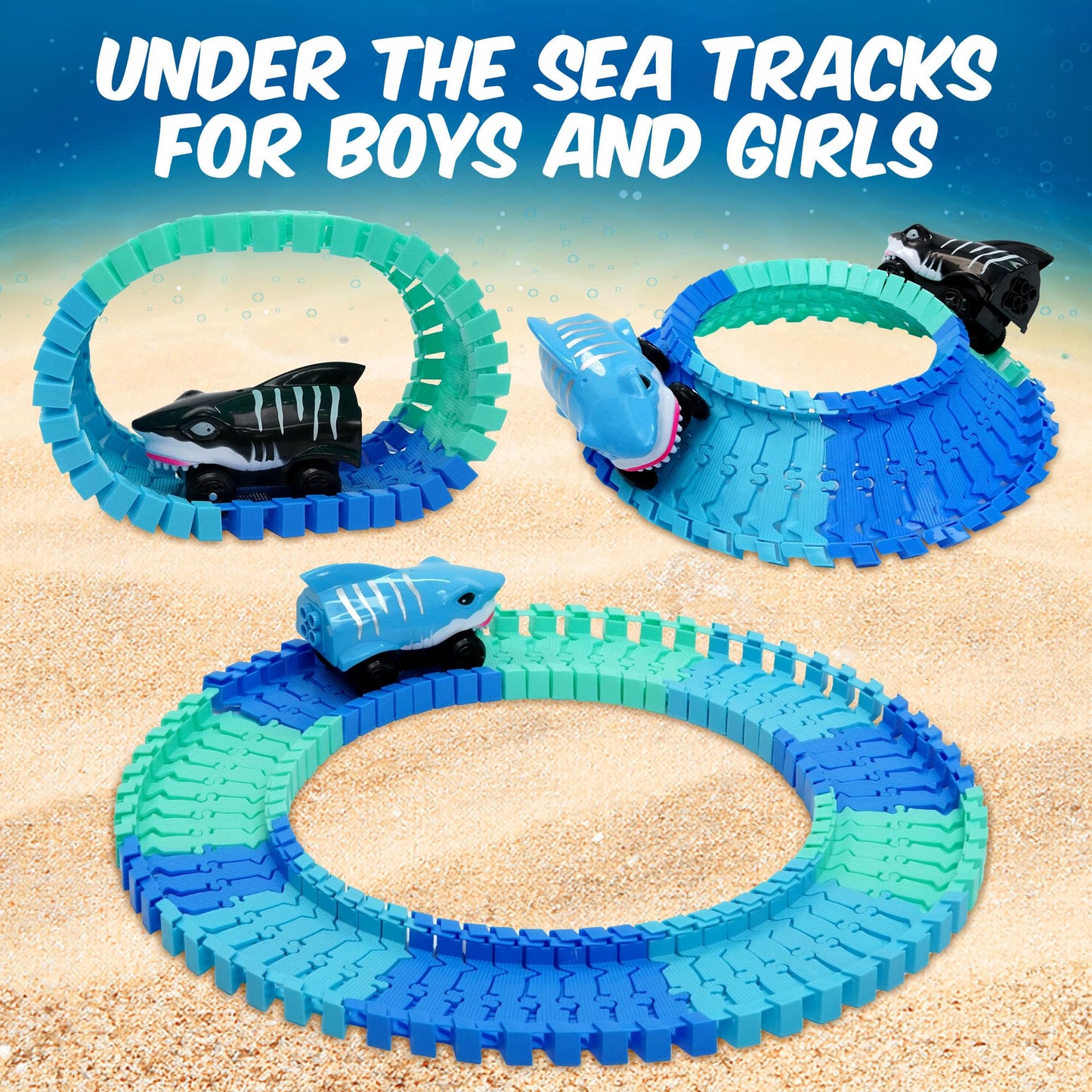 USA Toyz Ocean Race Tracks – 265-Piece Flexible Track Set with Shark Cars