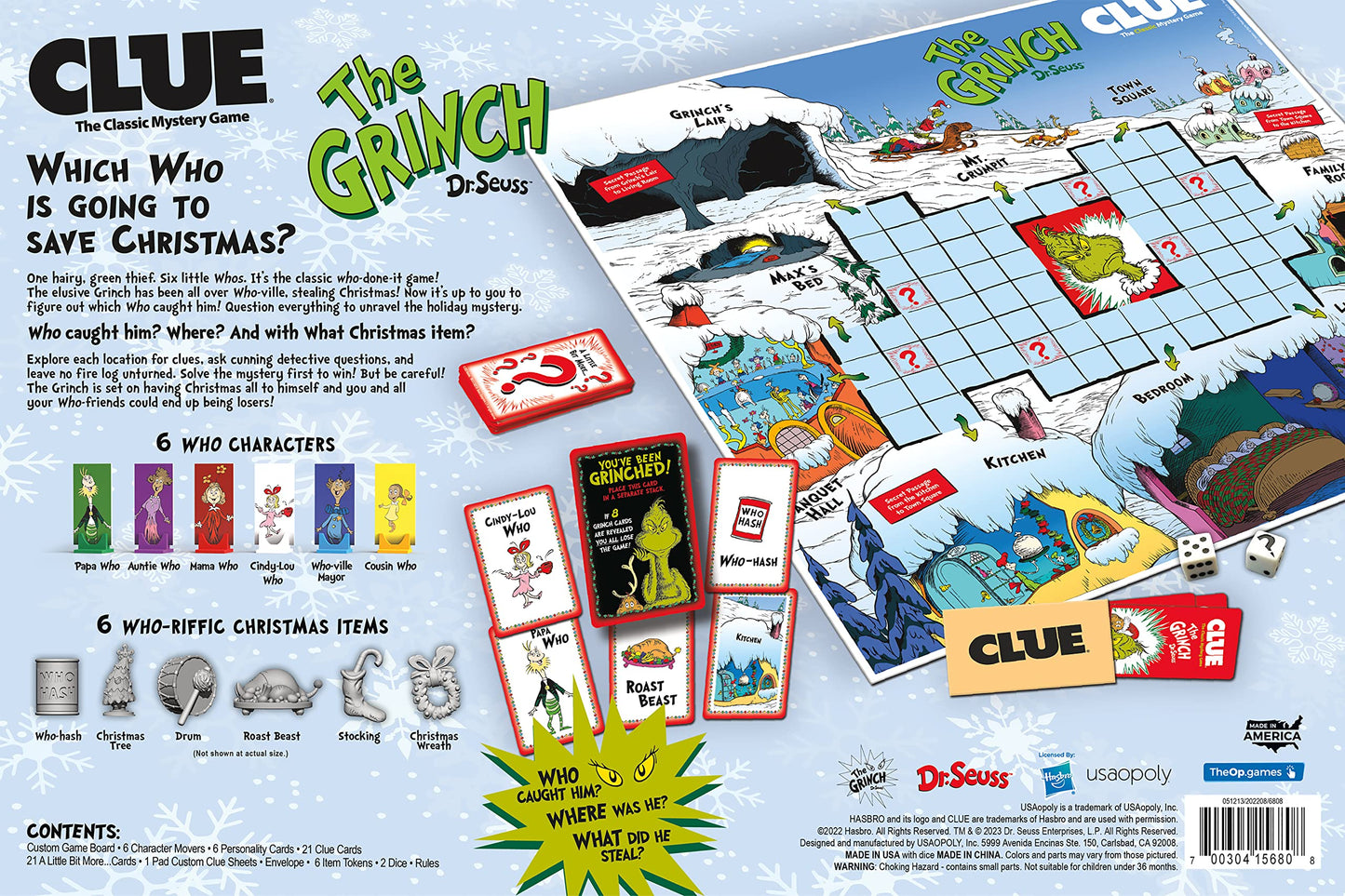 USAOPOLY CLUE The Grinch – Whoville Holiday Mystery Board Game | Officially Licensed Dr. Seuss