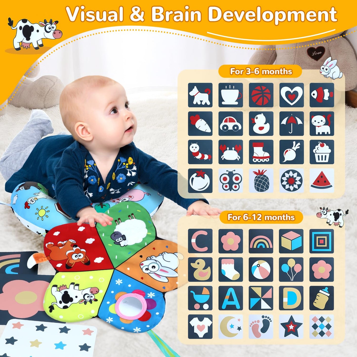 USATDD Tummy Time Pillow Set — High-Contrast Mat, Flash Cards & Sensory Toys