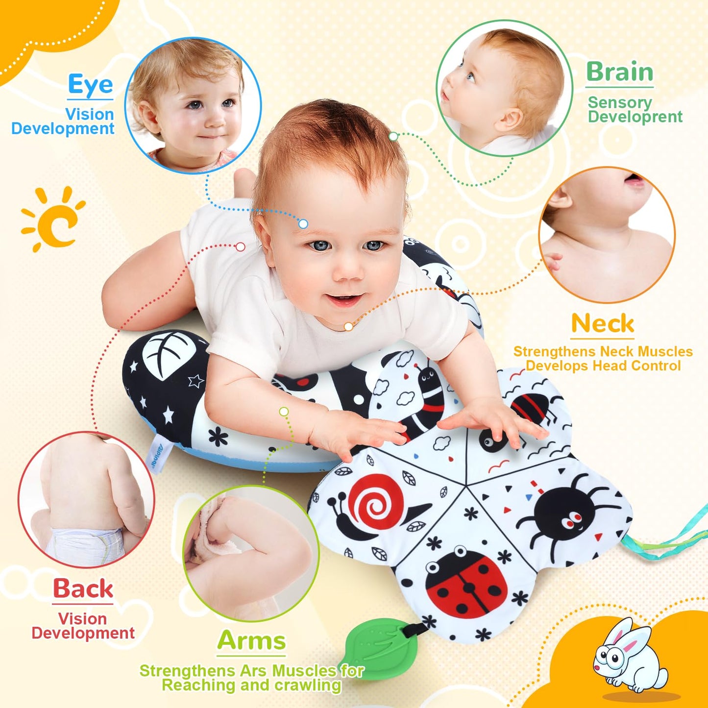 USATDD Tummy Time Pillow Set — High-Contrast Mat, Flash Cards & Sensory Toys