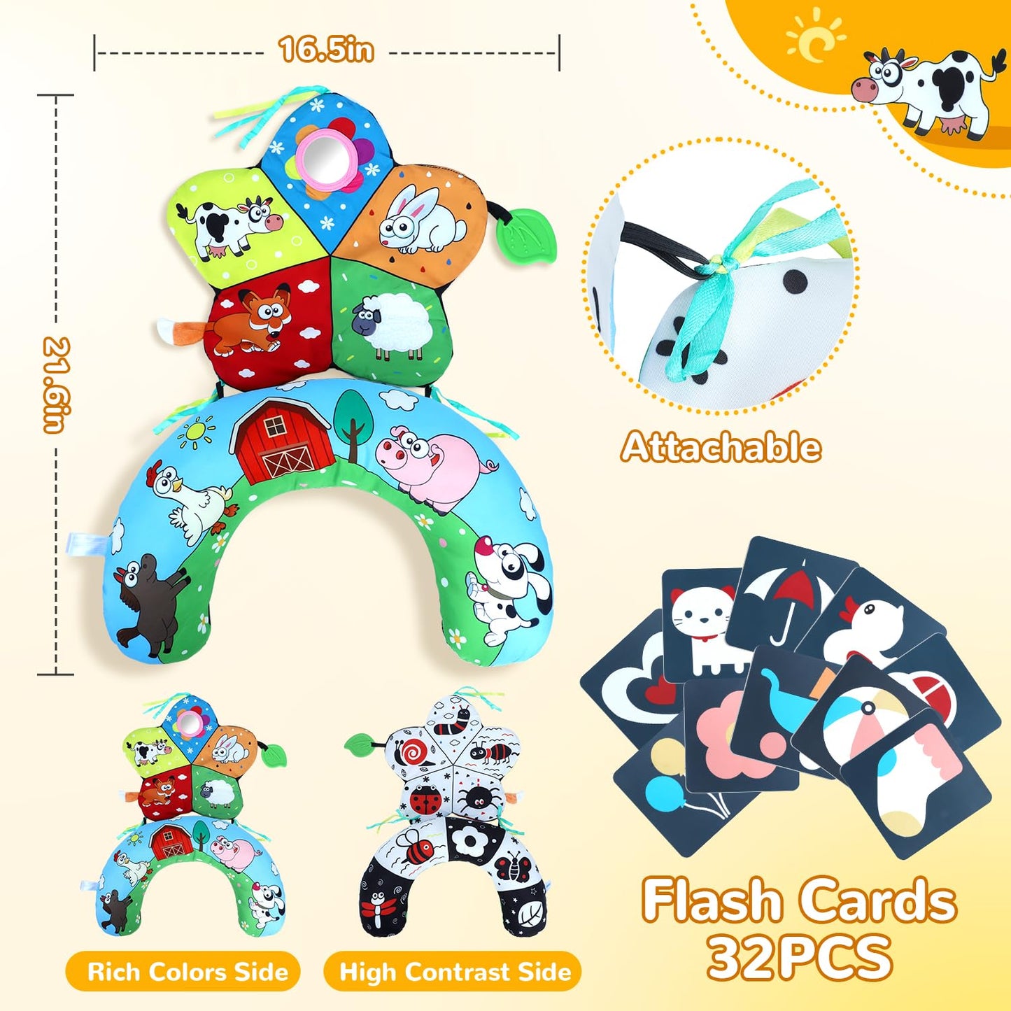 USATDD Tummy Time Pillow Set — High-Contrast Mat, Flash Cards & Sensory Toys