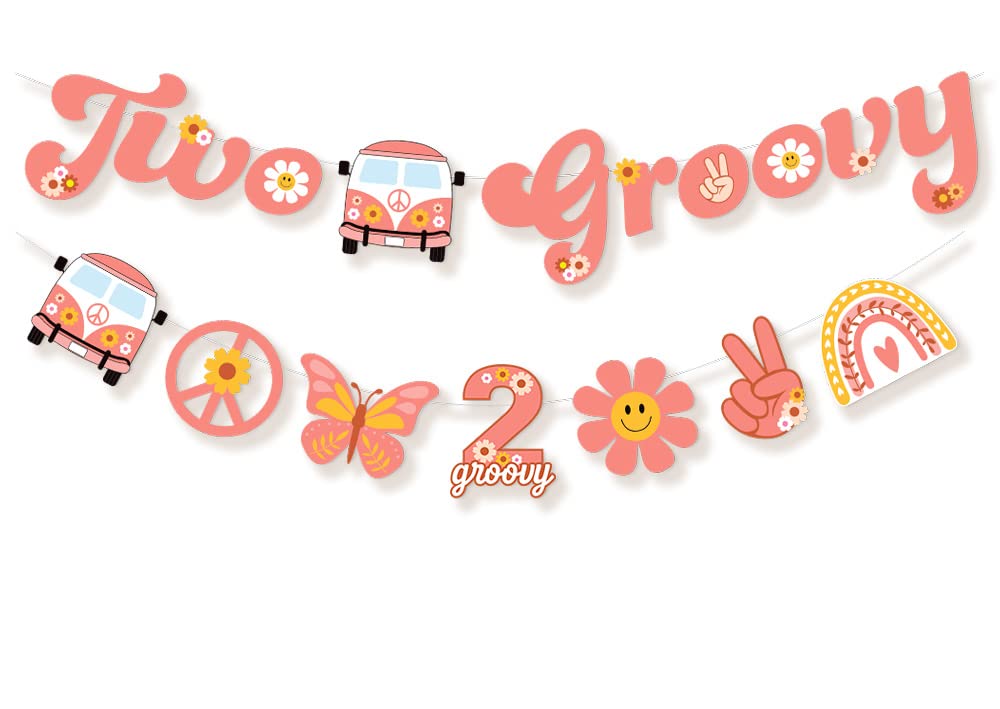 Ushinemi Two Groovy Party Decorations — Hippie Hanging Banner & Boho Garland for Kids