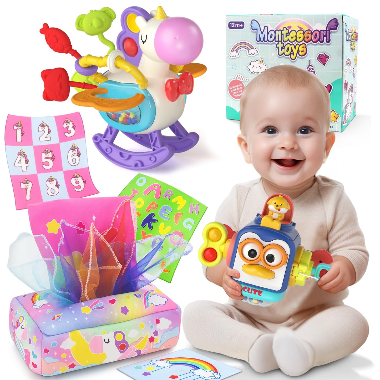 usrela 3-in-1 Baby Toys for 12-18 Months | Busy Board, Tissue Box Toy, Pull String Teether – Learning & Sensory Toy Set