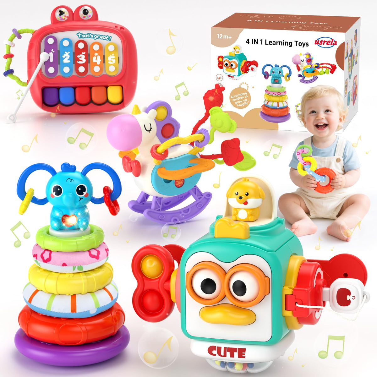 usrela 4-in-1 Baby Toy for 6-18 Months | Learning Toys, Busy Cube, Stacking & Piano Xylophone