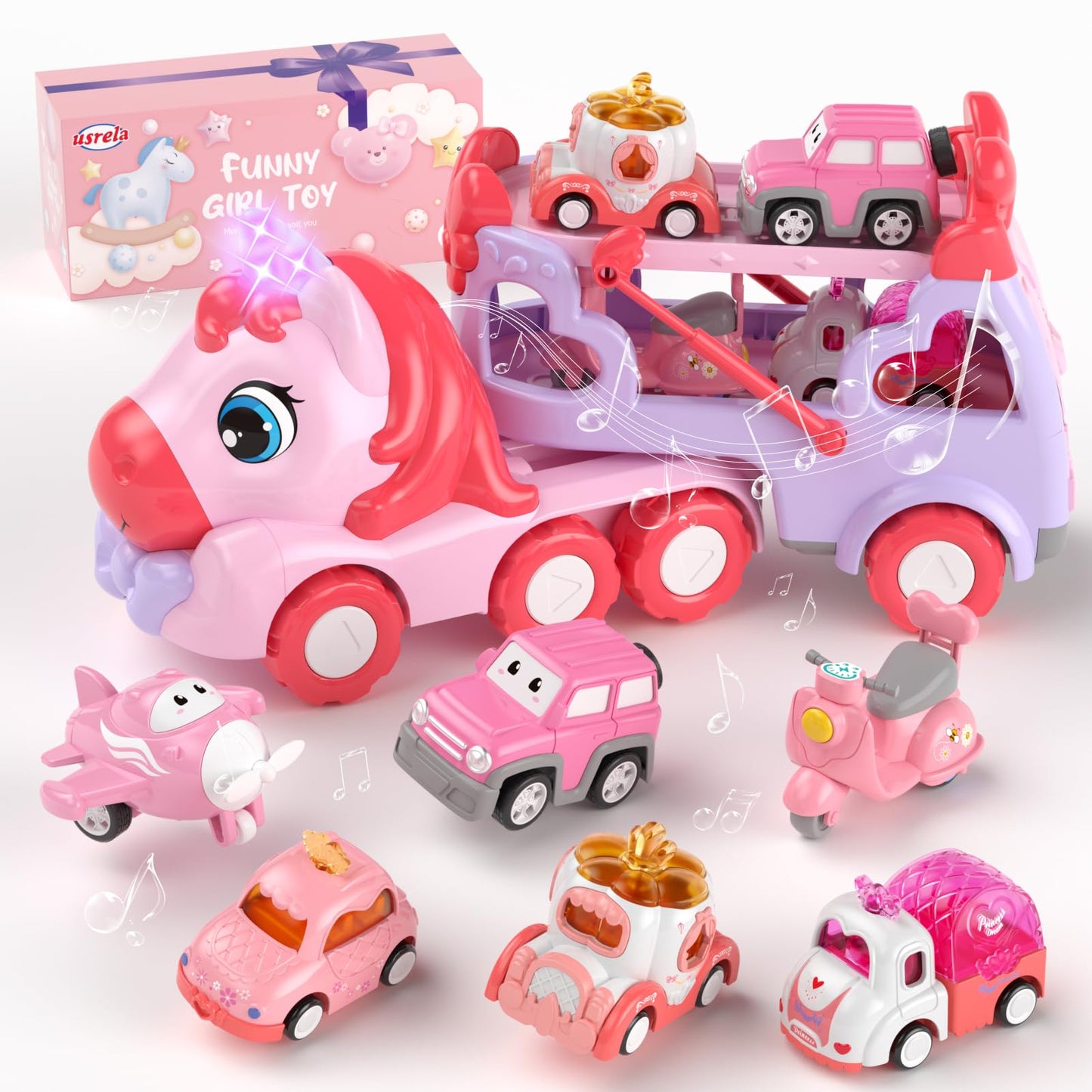 usrela 7-in-1 Pink Carrier Truck Toy for Girls | Light & Sound Car Set for Ages 2-4