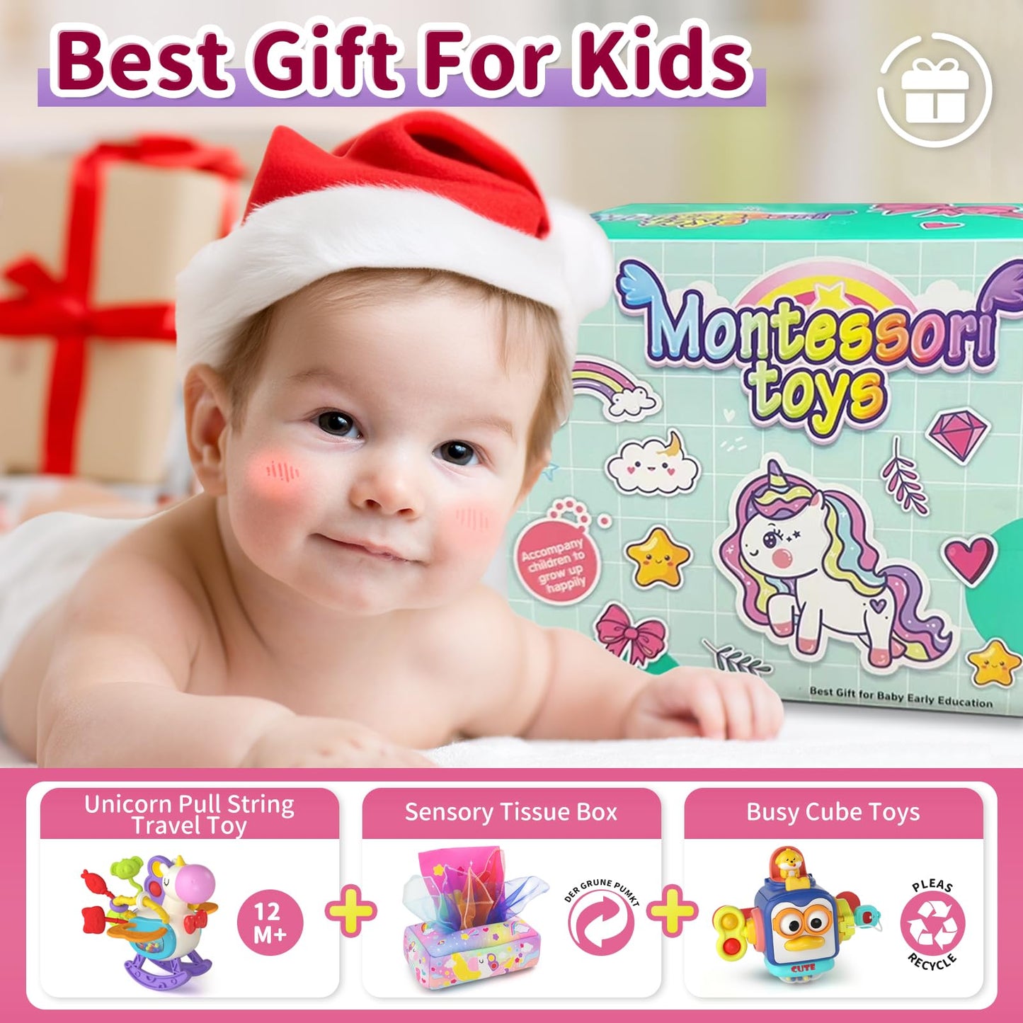 usrela 3-in-1 Baby Toys for 12-18 Months | Busy Board, Tissue Box Toy, Pull String Teether – Learning & Sensory Toy Set