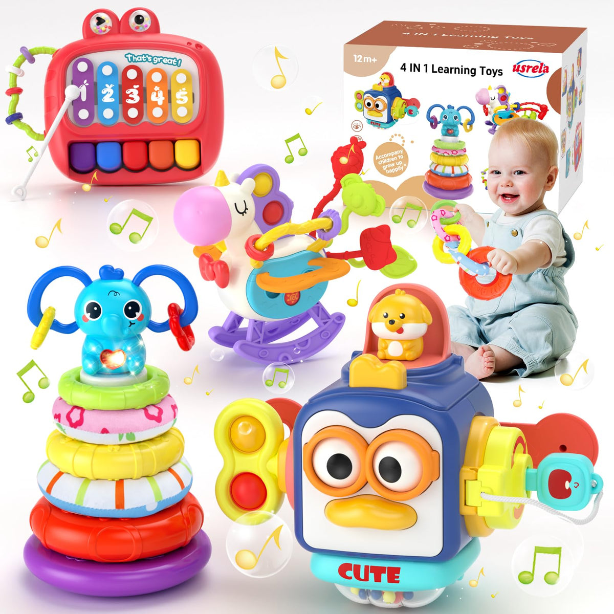 Usrela 4-in-1 Baby Toys for 6–18 Months | Busy Cube, Stacking Sorter, Piano Xylophone