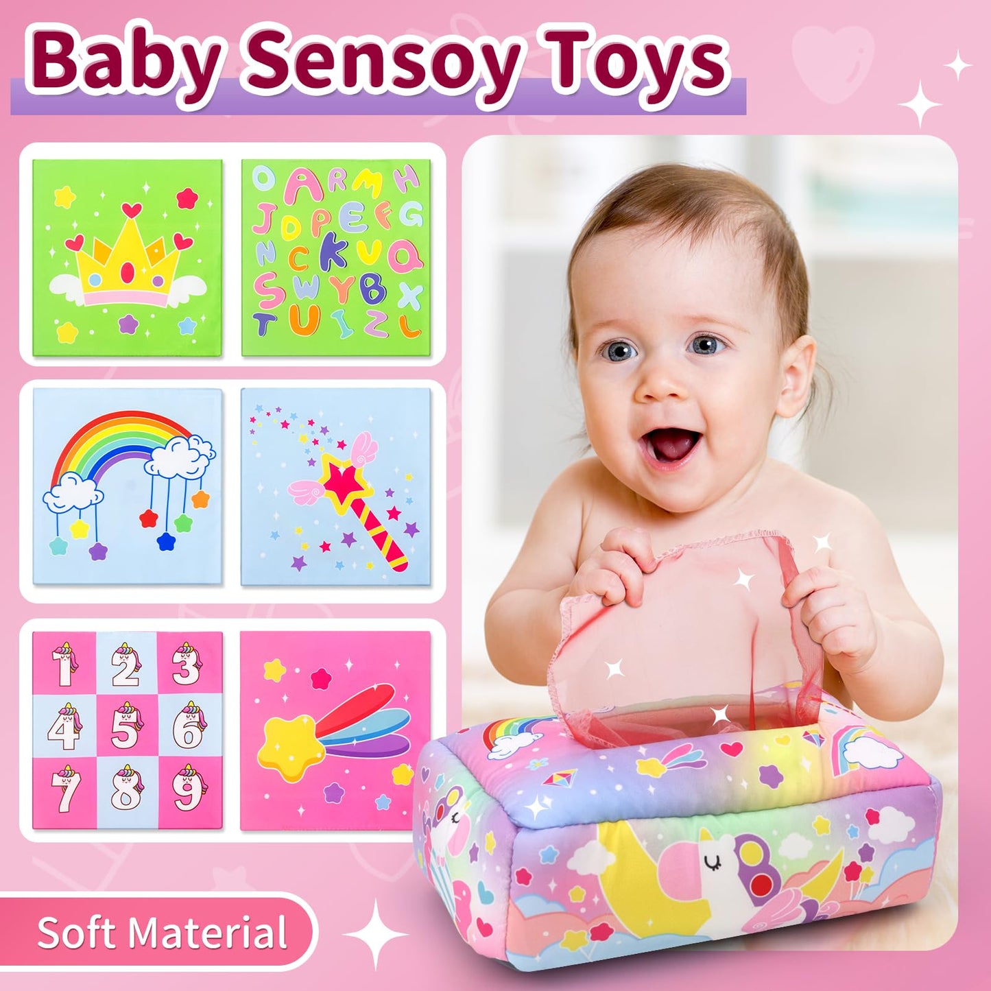 usrela 3-in-1 Baby Toys for 12-18 Months | Busy Board, Tissue Box Toy, Pull String Teether – Learning & Sensory Toy Set
