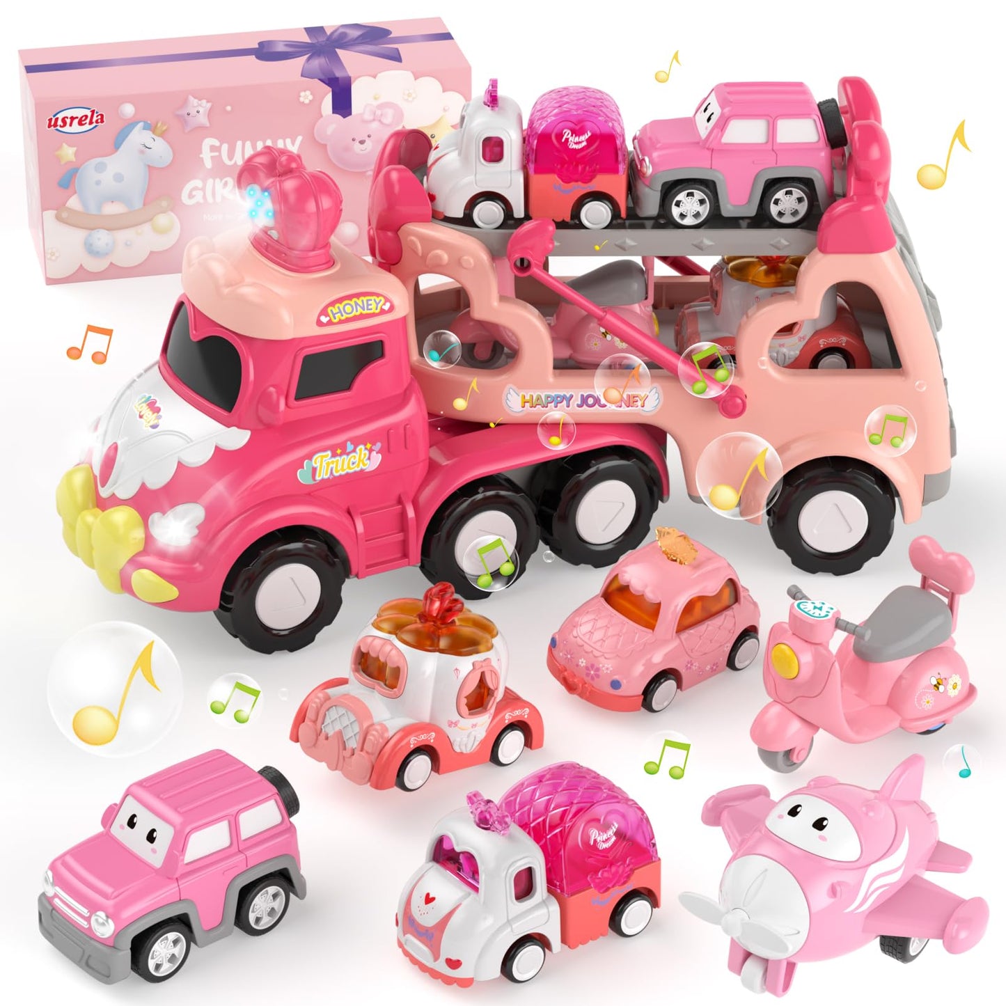 Usrela 7-in-1 Princess Crown Truck Toy for Toddlers – Friction-Powered Cars with Lights & Music