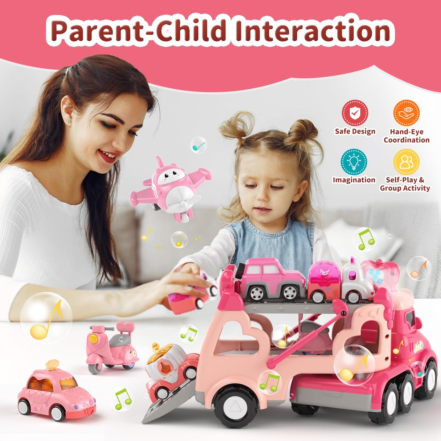 Usrela 7-in-1 Princess Crown Truck Toy for Toddlers – Friction-Powered Cars with Lights & Music