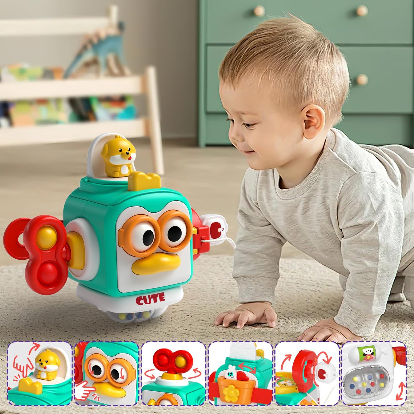 usrela 4-in-1 Baby Toy for 6-18 Months | Learning Toys, Busy Cube, Stacking & Piano Xylophone