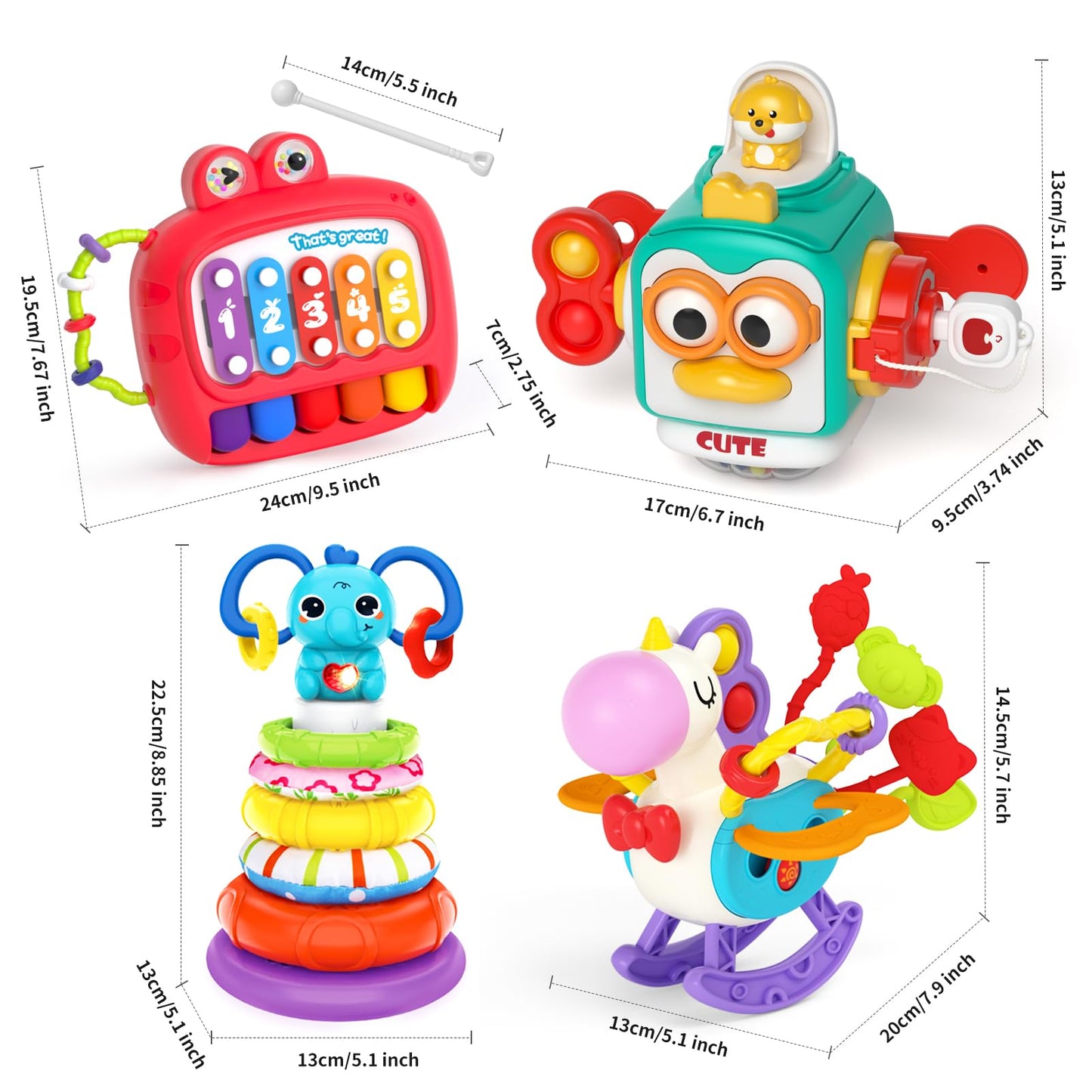 usrela 4-in-1 Baby Toy for 6-18 Months | Learning Toys, Busy Cube, Stacking & Piano Xylophone