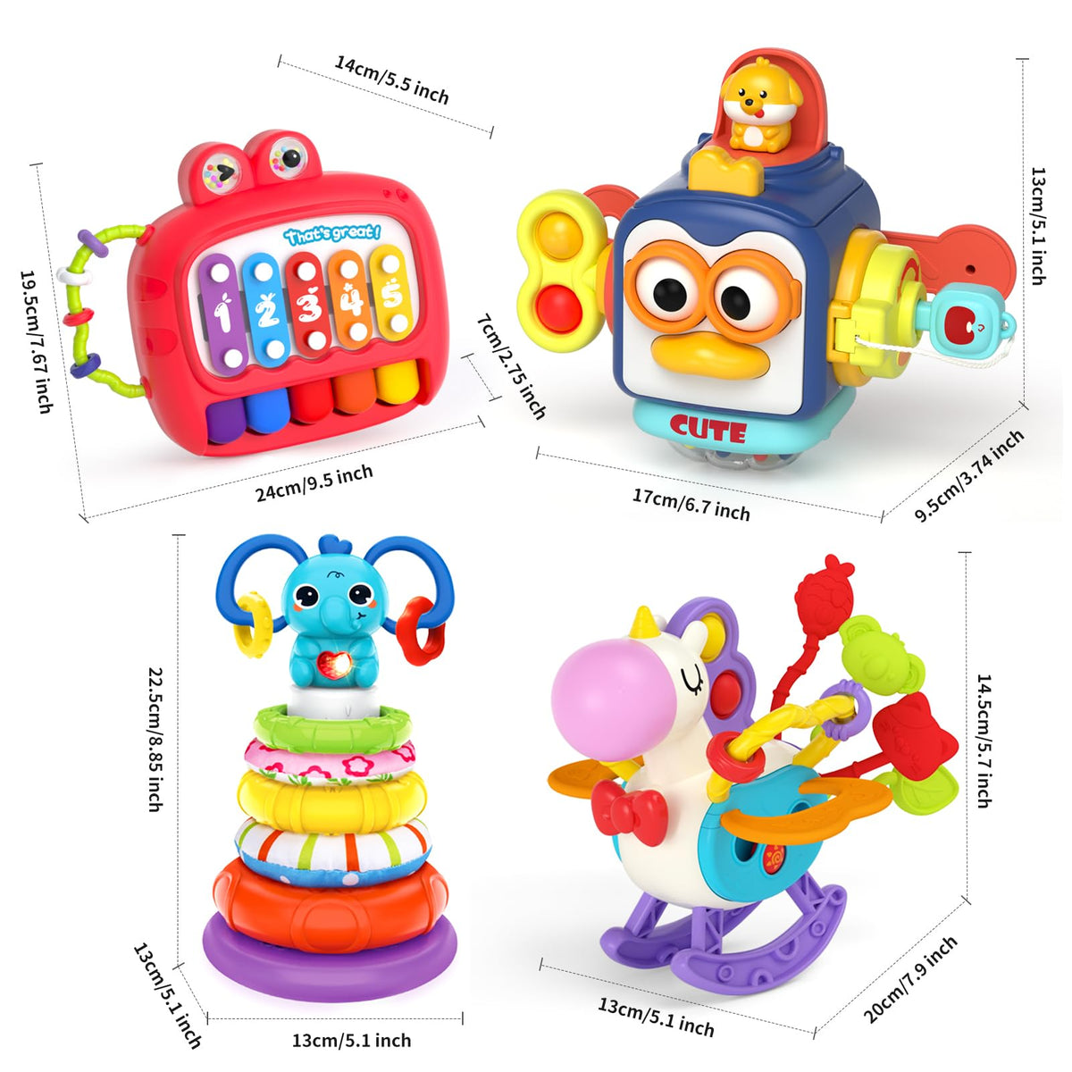 Usrela 4-in-1 Baby Toys for 6–18 Months | Busy Cube, Stacking Sorter, Piano Xylophone
