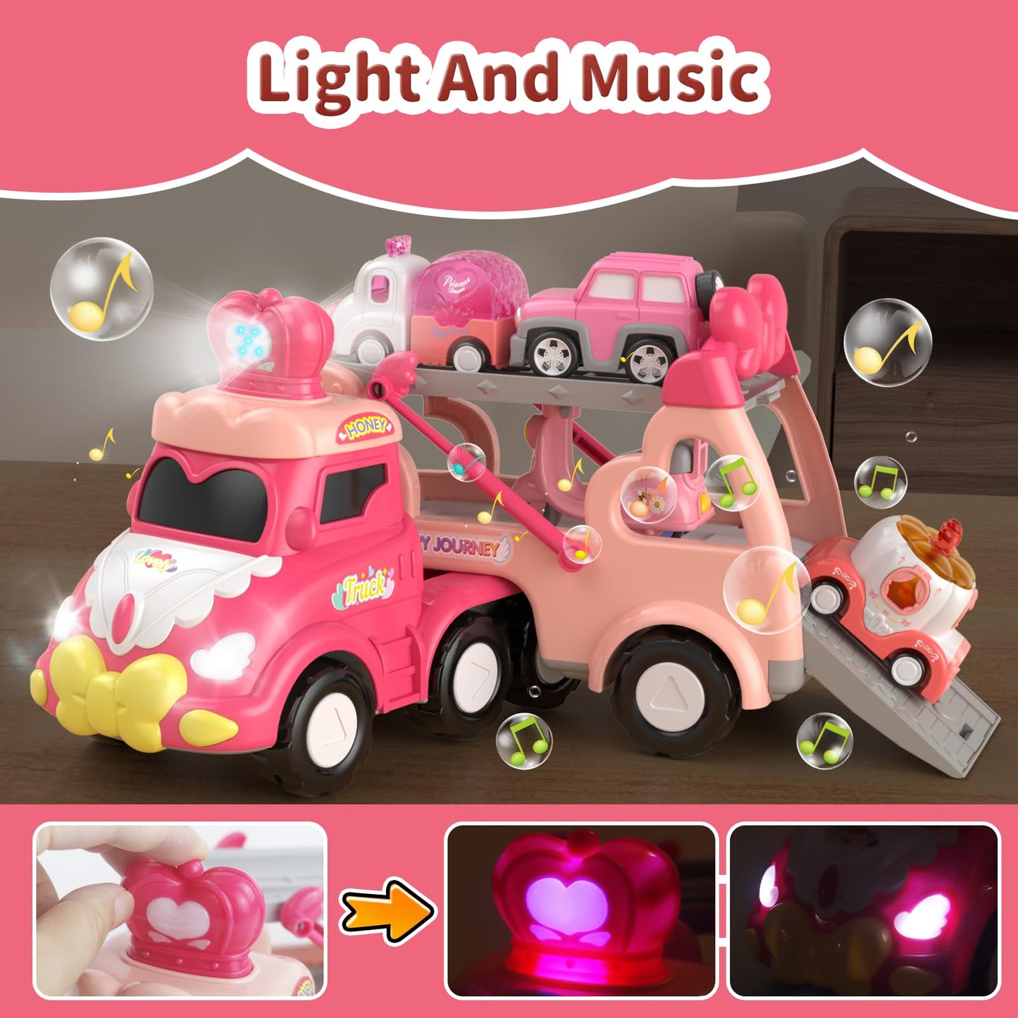 Usrela 7-in-1 Princess Crown Truck Toy for Toddlers – Friction-Powered Cars with Lights & Music