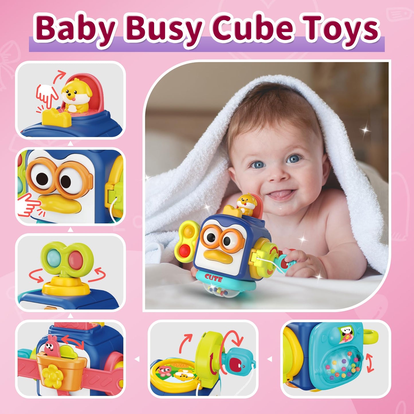 usrela 3-in-1 Baby Toys for 12-18 Months | Busy Board, Tissue Box Toy, Pull String Teether – Learning & Sensory Toy Set