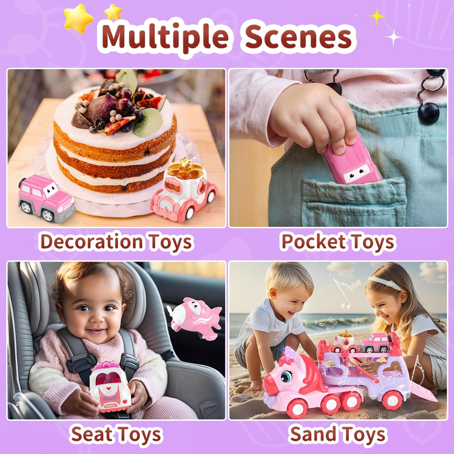 usrela 7-in-1 Pink Carrier Truck Toy for Girls | Light & Sound Car Set for Ages 2-4