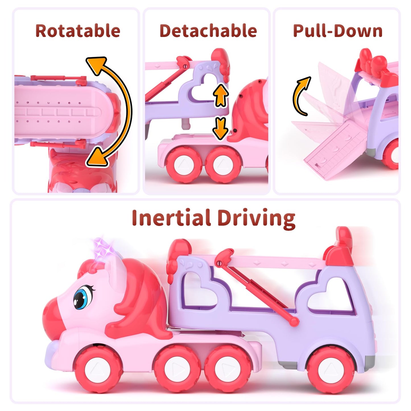 usrela 7-in-1 Pink Carrier Truck Toy for Girls | Light & Sound Car Set for Ages 2-4