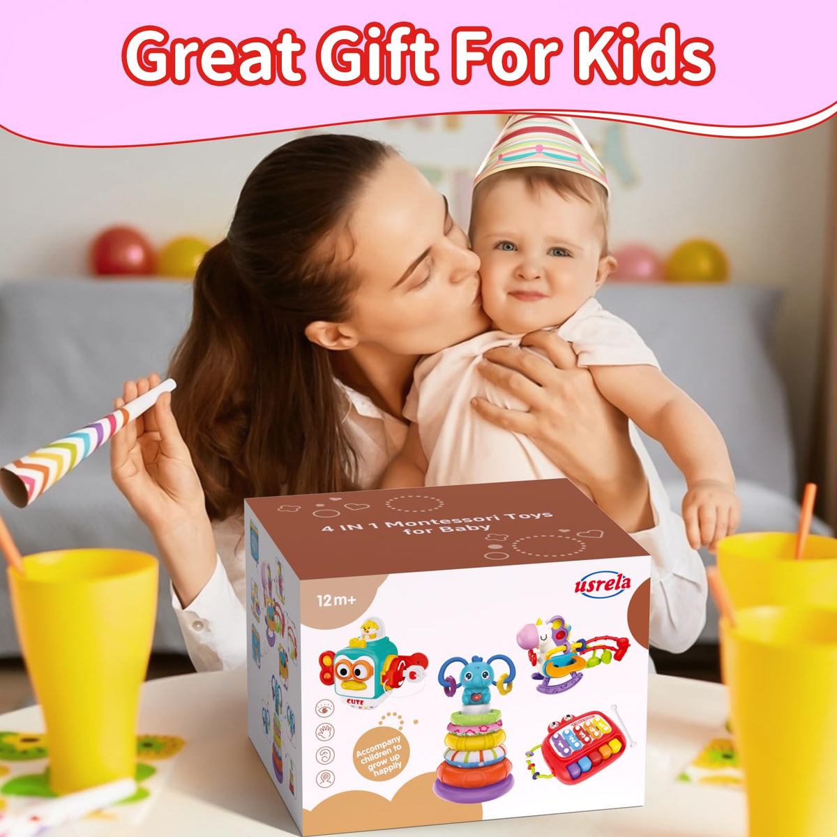 usrela 4-in-1 Baby Toy for 6-18 Months | Learning Toys, Busy Cube, Stacking & Piano Xylophone
