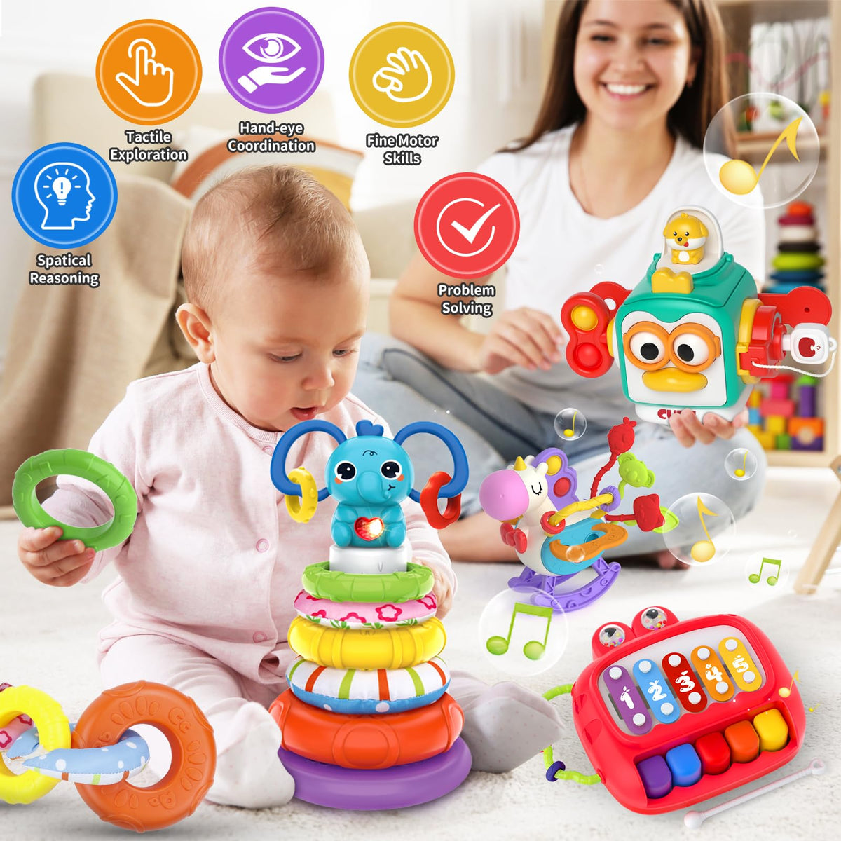 usrela 4-in-1 Baby Toy for 6-18 Months | Learning Toys, Busy Cube, Stacking & Piano Xylophone