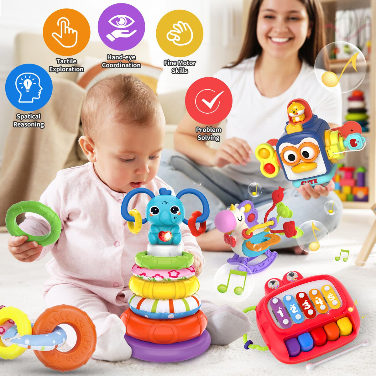 Usrela 4-in-1 Baby Toys for 6–18 Months | Busy Cube, Stacking Sorter, Piano Xylophone