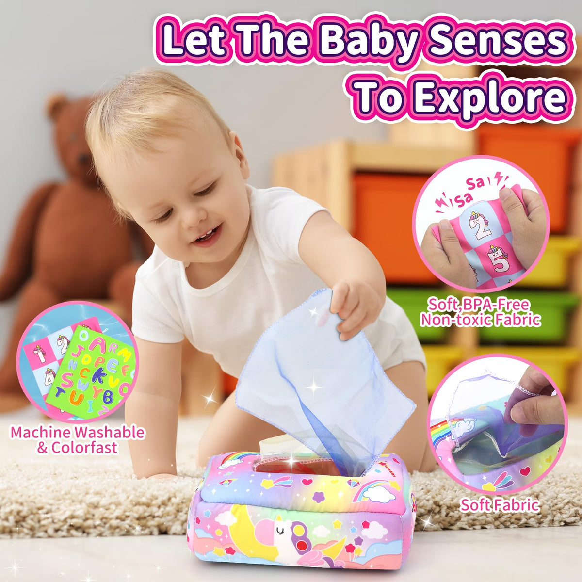 usrela Baby Toys 6-12 Months - Tissue Box Toy with Alphabet, Numbers, Colors, and Sounds
