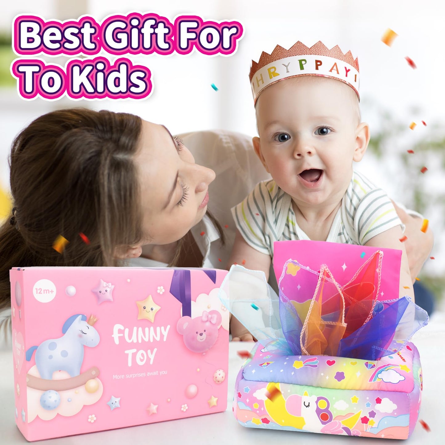 usrela Baby Toys 6-12 Months - Tissue Box Toy with Alphabet, Numbers, Colors, and Sounds