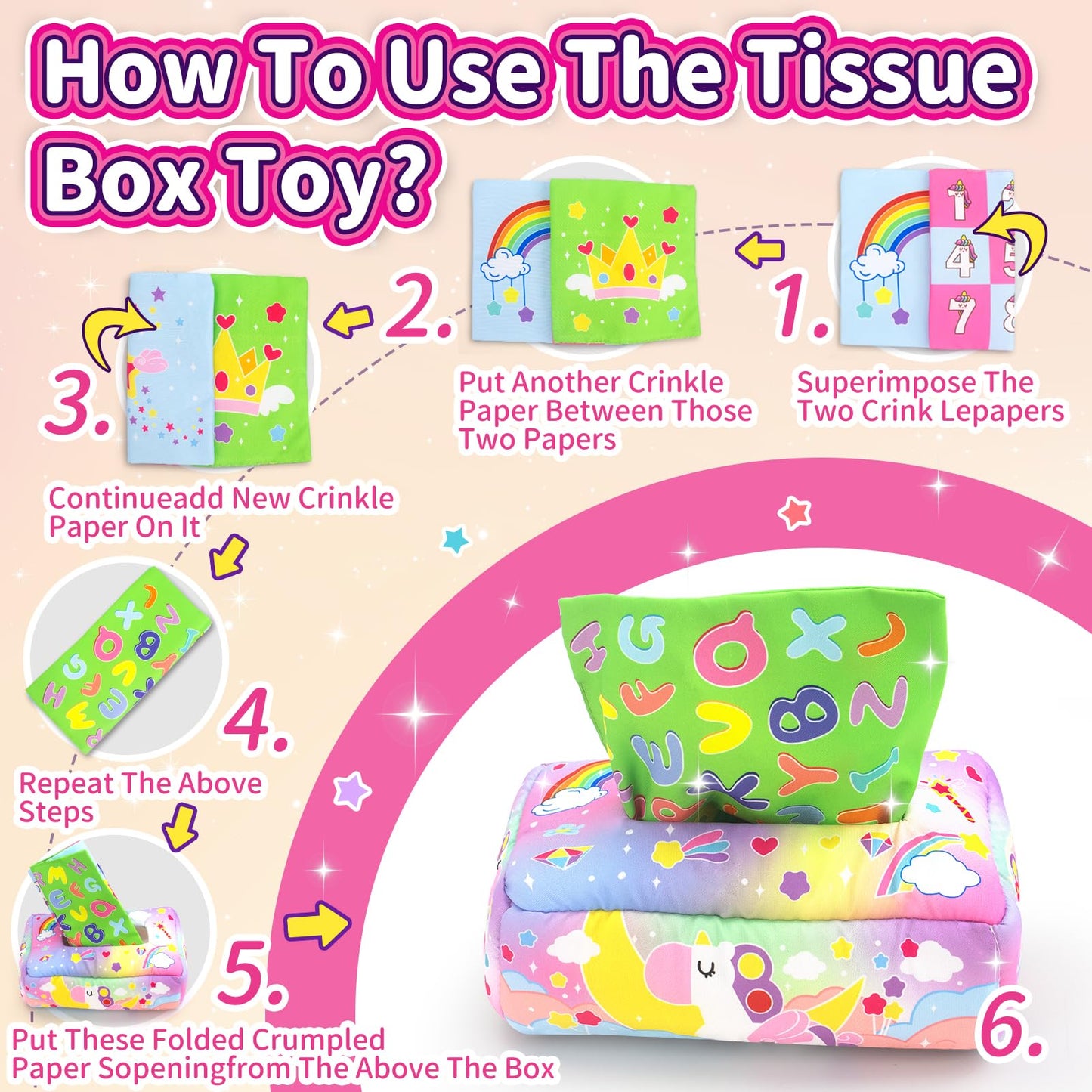 usrela Baby Toys 6-12 Months - Tissue Box Toy with Alphabet, Numbers, Colors, and Sounds