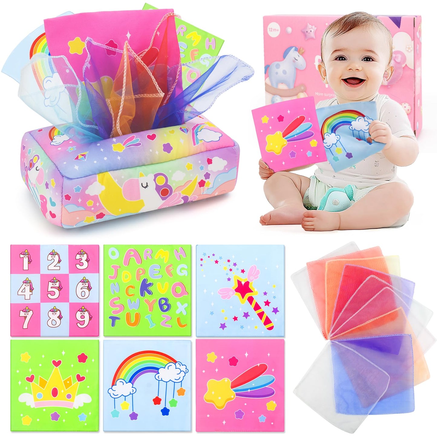 usrela Baby Toys 6-12 Months - Tissue Box Toy with Alphabet, Numbers, Colors, and Sounds