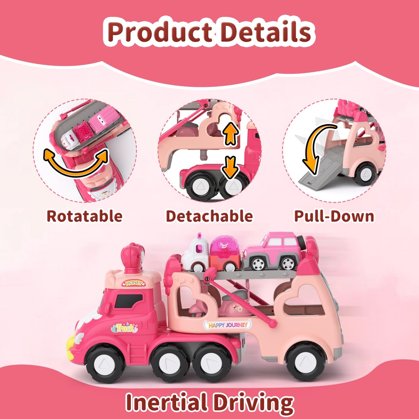 Usrela 7-in-1 Princess Crown Truck Toy for Toddlers – Friction-Powered Cars with Lights & Music