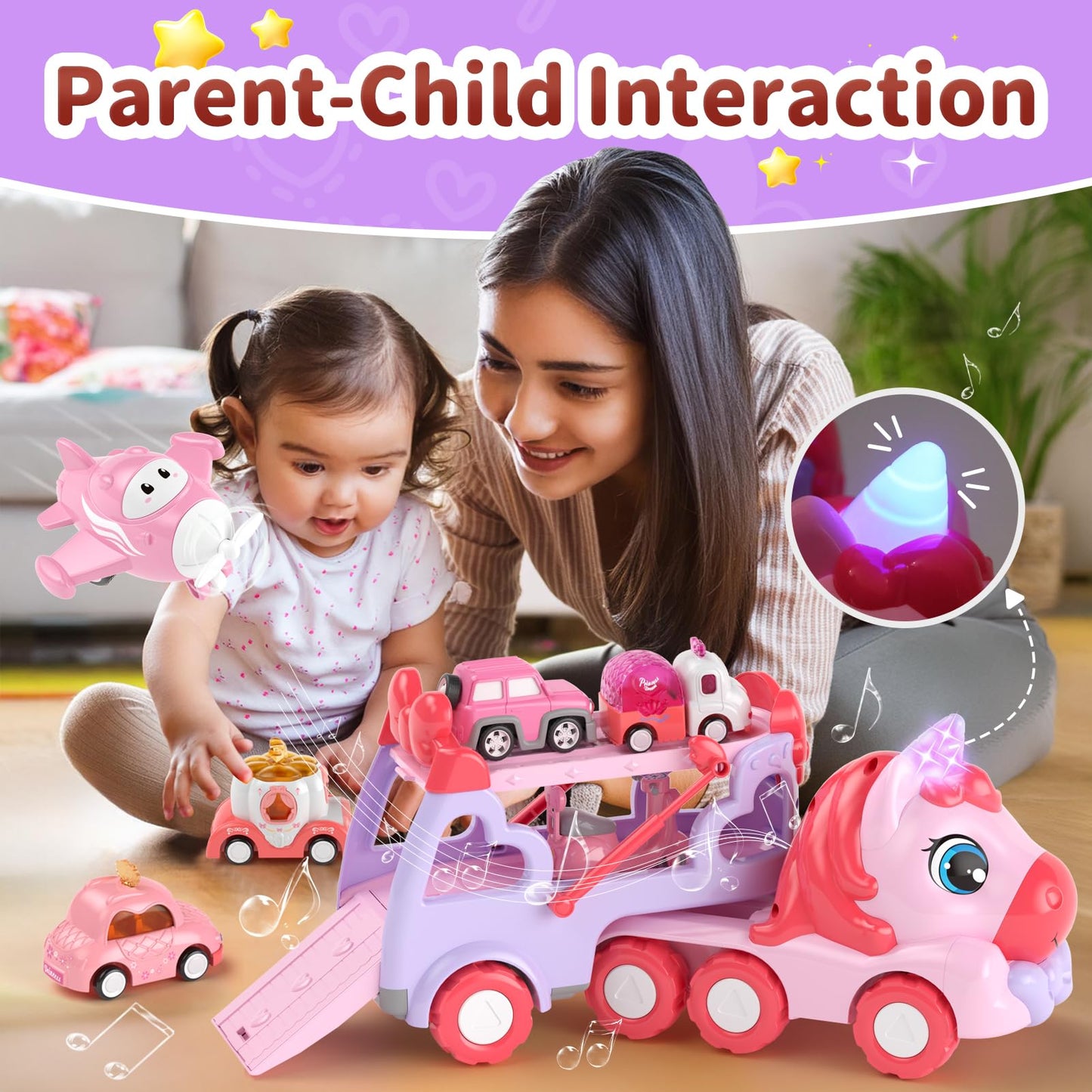 usrela 7-in-1 Pink Carrier Truck Toy for Girls | Light & Sound Car Set for Ages 2-4