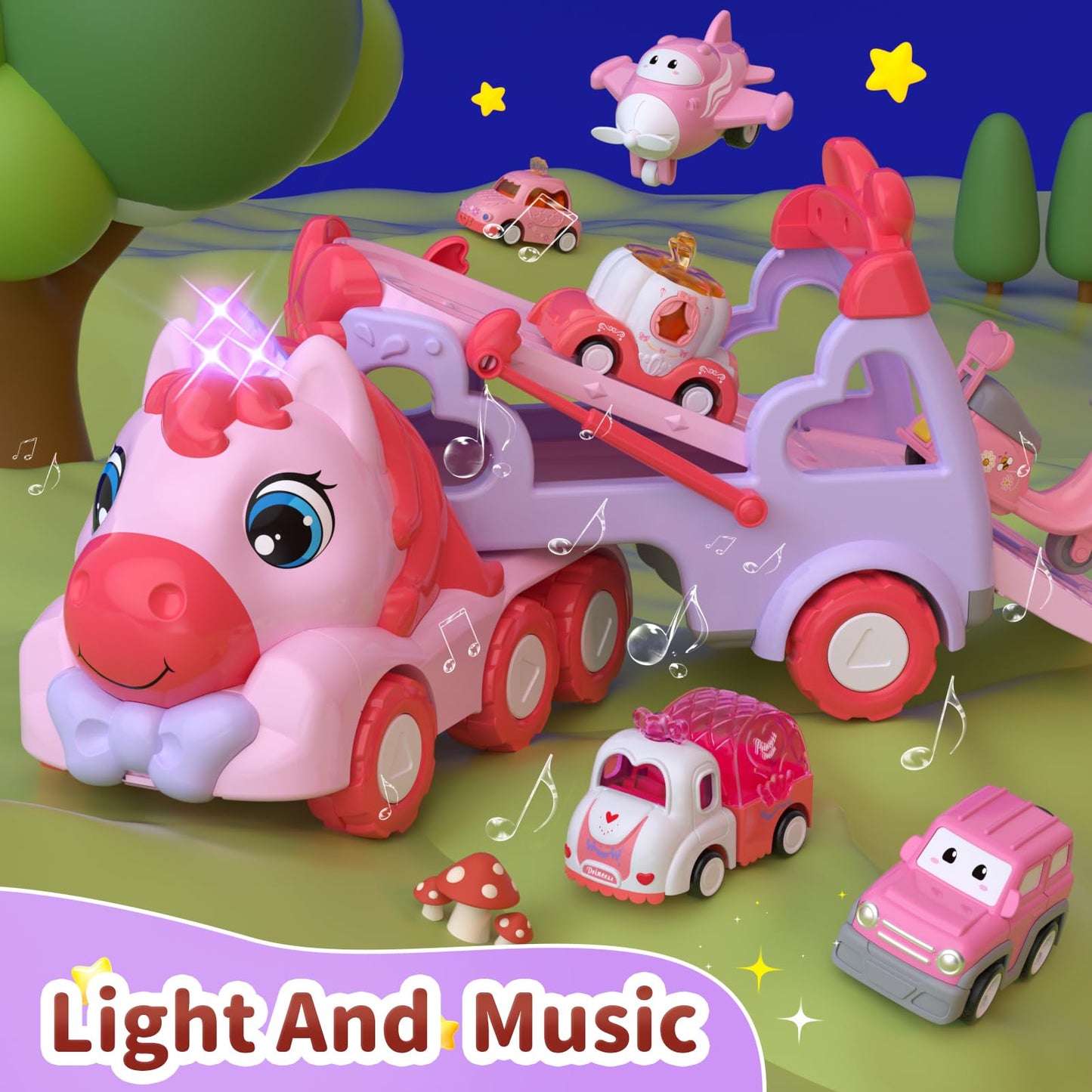 usrela 7-in-1 Pink Carrier Truck Toy for Girls | Light & Sound Car Set for Ages 2-4