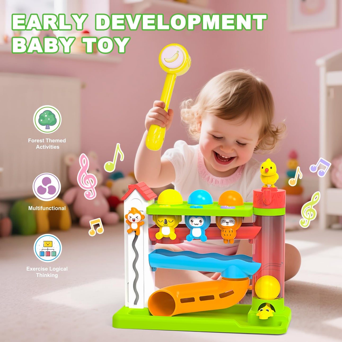 Ussybaby Toddler Musical Toy — 12-18 Months, Forest Ball Drop, Bilingual Learning (Green)