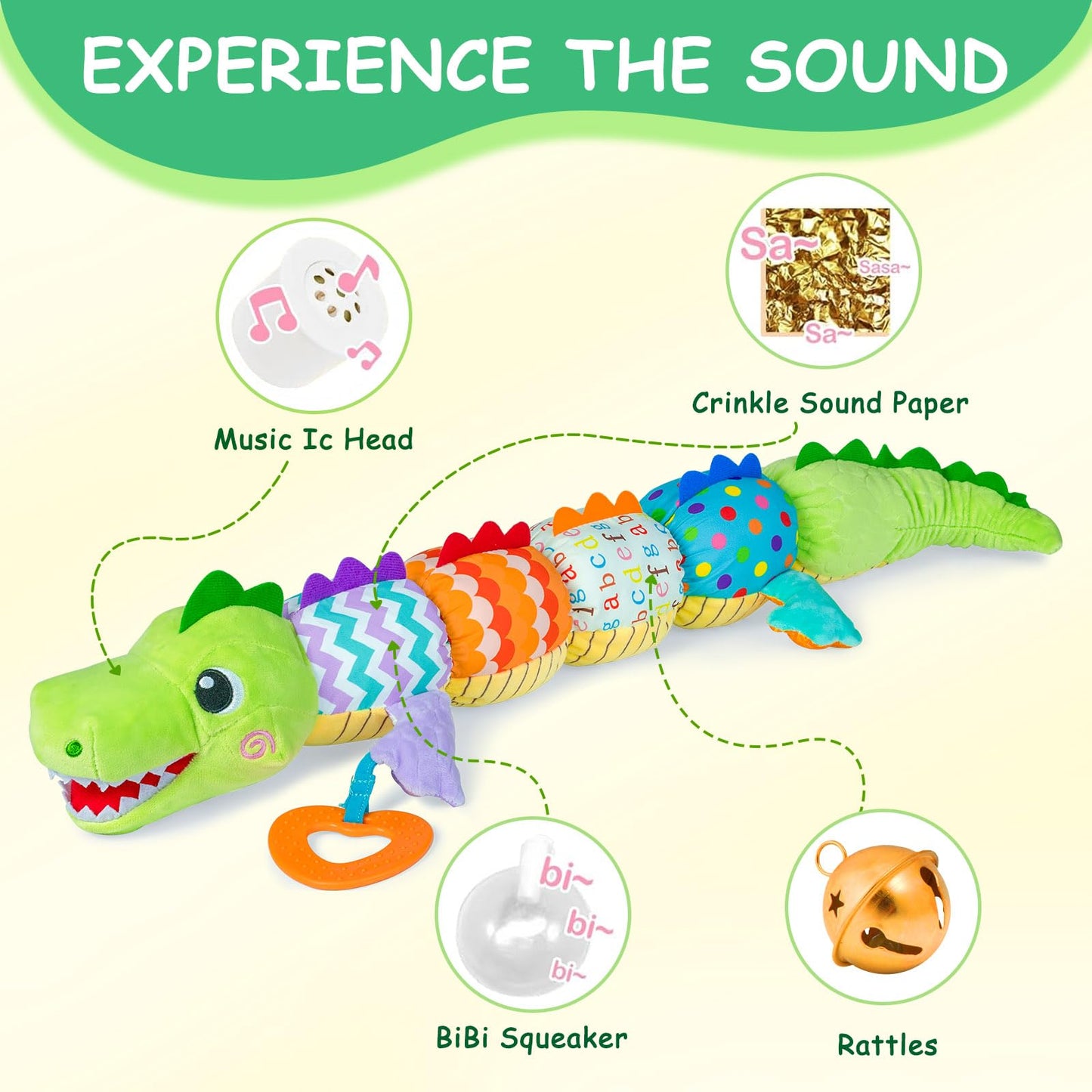 Ussybaby Caterpillar Crocodile Toy for 0-12 Months — Soft Textures, Rattle & Crinkle