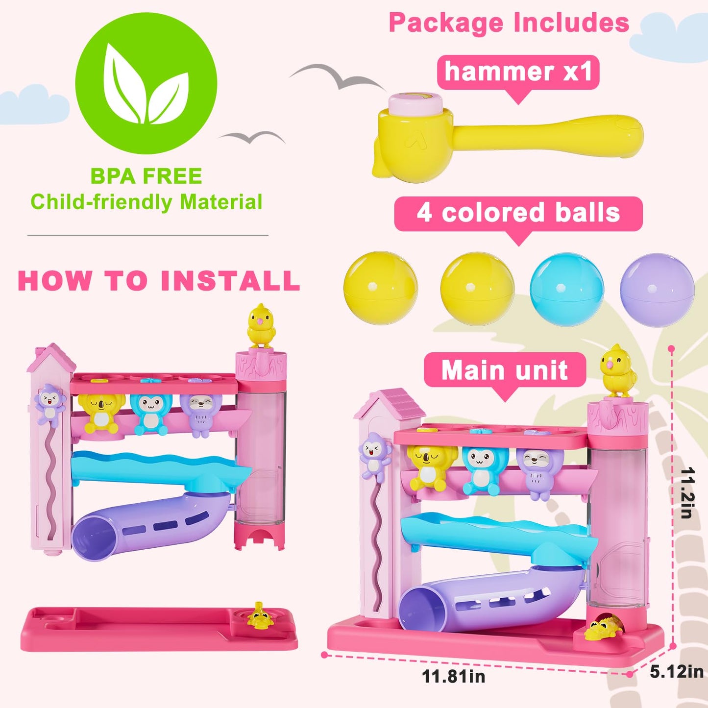Ussybaby Toddler Musical Toy – Ball Drop & Hammering, 1-3 Years, Pink