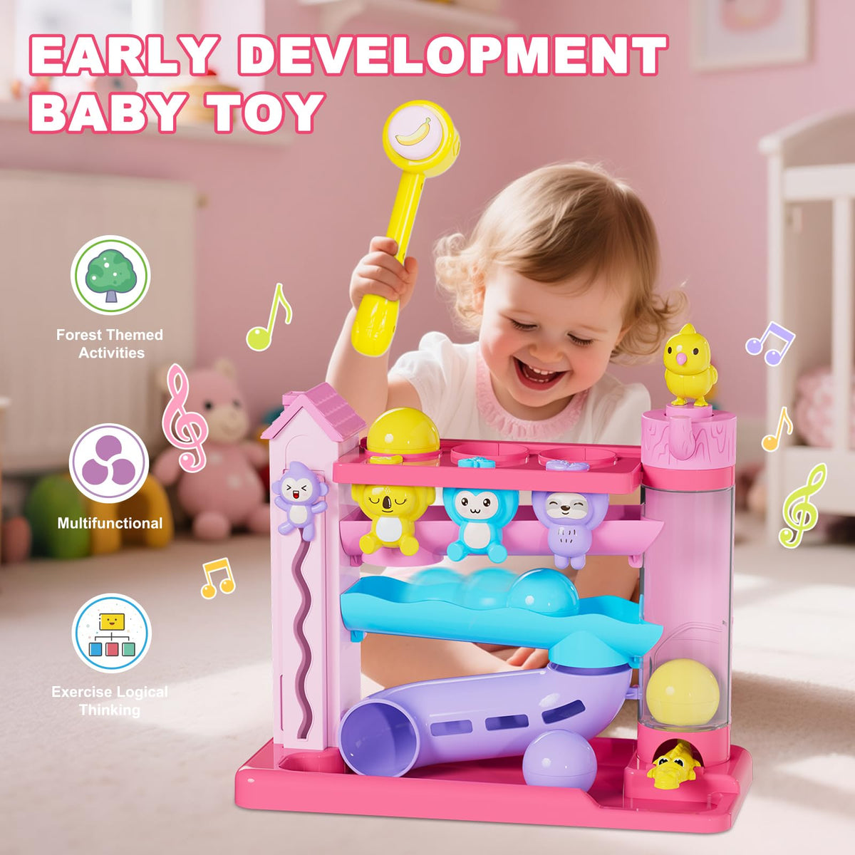 Ussybaby Toddler Musical Toy – Ball Drop & Hammering, 1-3 Years, Pink