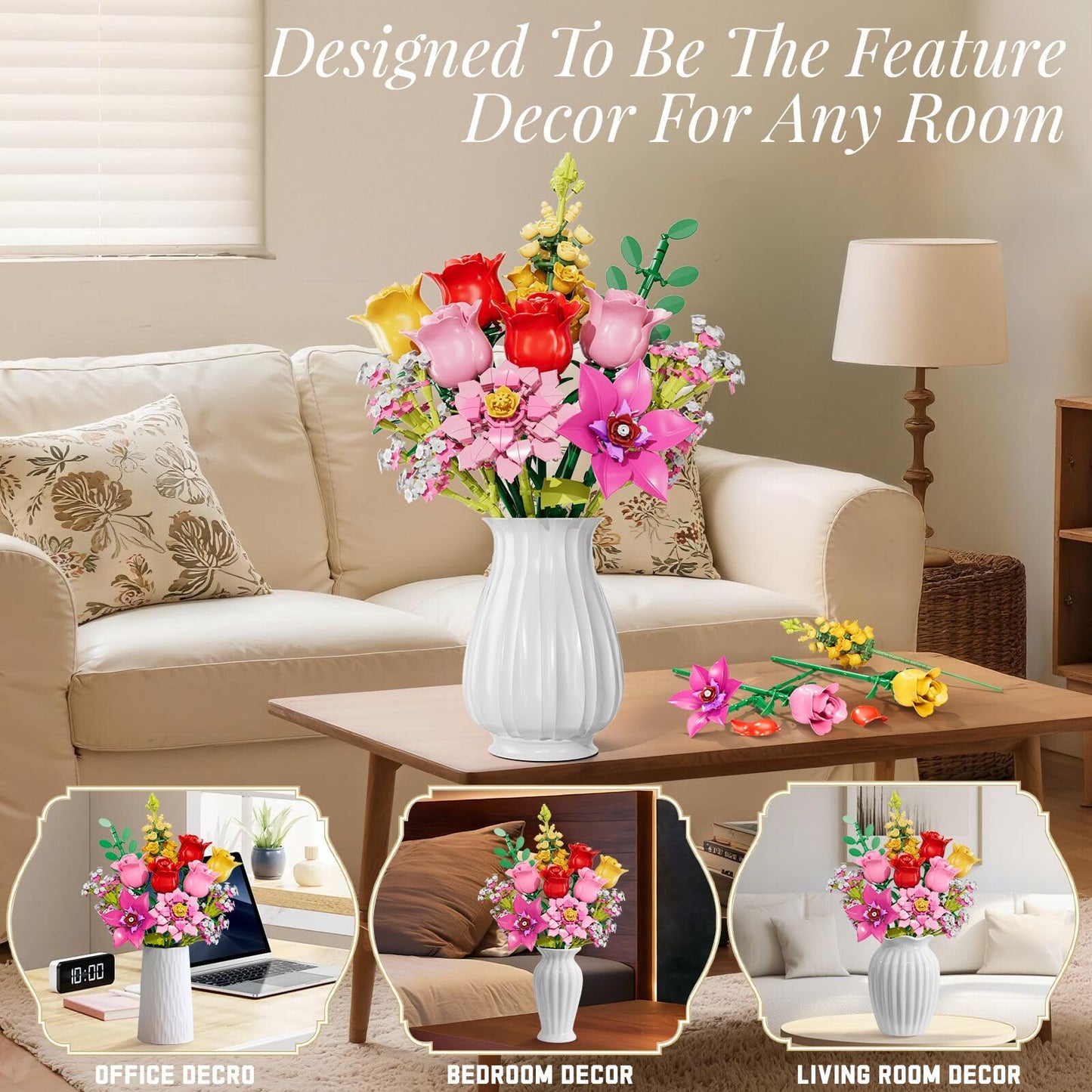 Utbttor Flowers Bouquet Building Set – Pink Roses, 765 Pcs, DIY Floral Kit for Home Decor