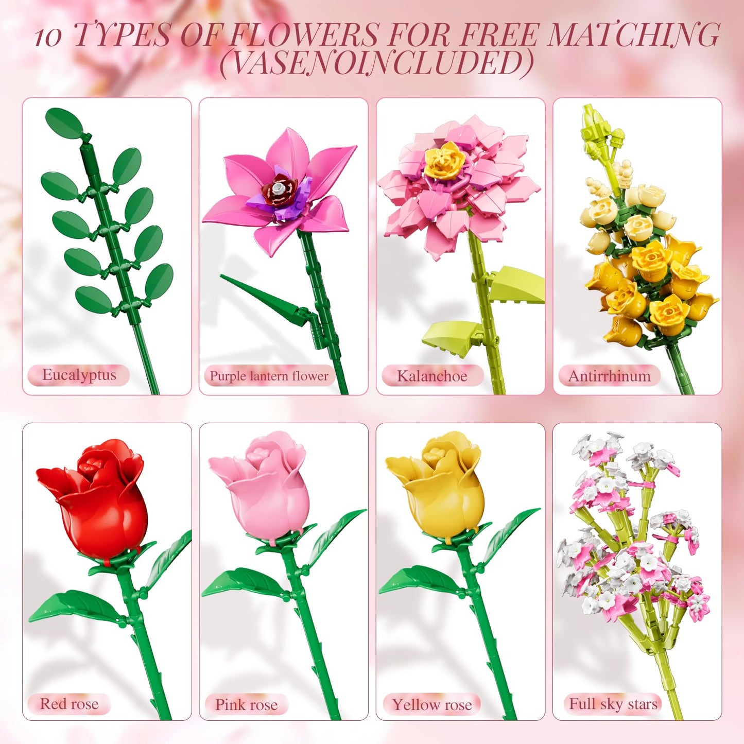 Utbttor Flowers Bouquet Building Set – Pink Roses, 765 Pcs, DIY Floral Kit for Home Decor
