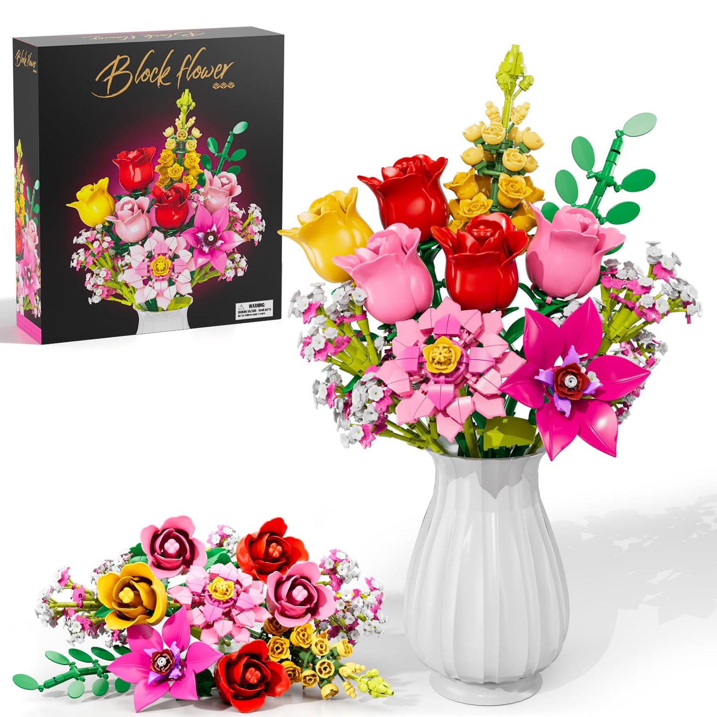 Utbttor Flowers Bouquet Building Set – Pink Roses, 765 Pcs, DIY Floral Kit for Home Decor
