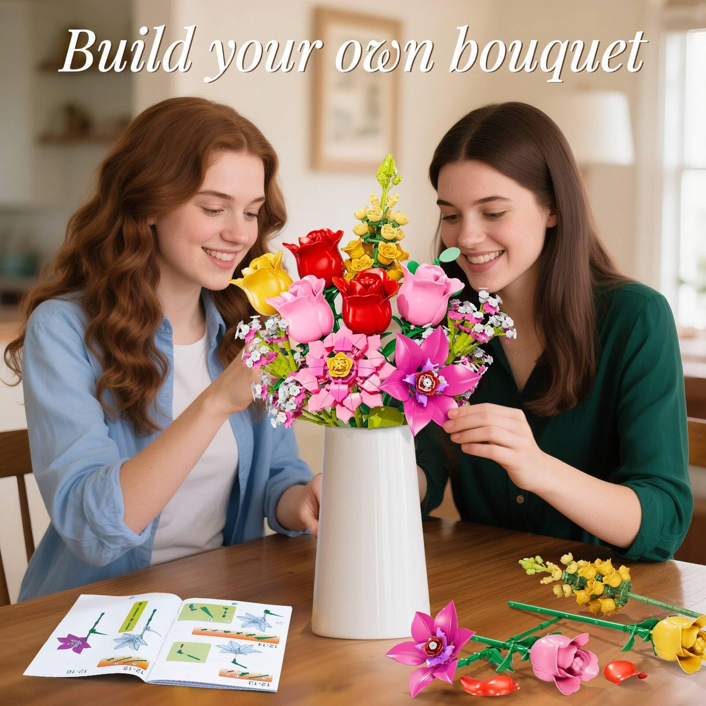 Utbttor Flowers Bouquet Building Set – Pink Roses, 765 Pcs, DIY Floral Kit for Home Decor