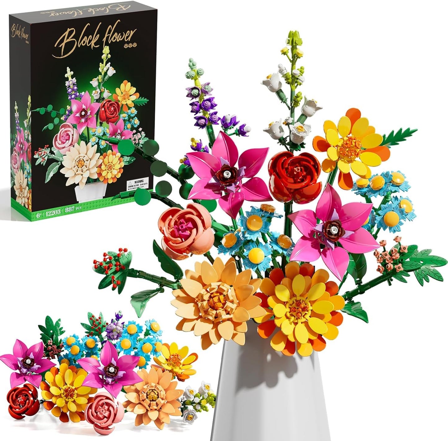 Utbttor Flower Bouquet Building Set – 891PCS Artificial Flower Kit for Kids & Home Decor